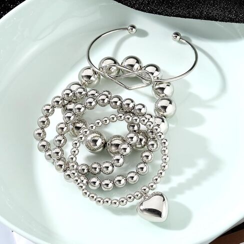 KISS WIFE مجموعة 5 قطع من الأساور الفضية المطرزة للنساء والفتيات، قابلة للتكديس وقابلة للتمدد على شكل قلب مرن وخرز على شكل كرة سلسلة سوار خفيف الوزن وحفلات أعياد الميلاد وعيد الميلاد للنساء هدية مجوهرات عصرية لها in Kuwait
