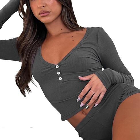 طقم بيجامات نسائي مثير مكون من قطعتين من Zempertoopa Y2K بأكمام طويلة وأزرار وسروال قصير عالي الخصر ملابس للاستلقاء in Kuwait