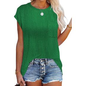 HOTOUCH Cap Sleeve Shirt Top for Womens Trendy Crew Neck Blouse Basic Textured Tshirts Tunic with Pocket S-XXL