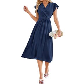 JASAMBAC Womens Dresses Casual Ruffle Short Sleeves Chiffon Empire Waist Elastic V-Neck Wedding Guest A-Line Maxi Dress