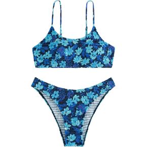 SweatyRocks Women's Floral Print 2 Piece Spaghetti Strap High Cut Bikini Set Smocked Bathing Suit