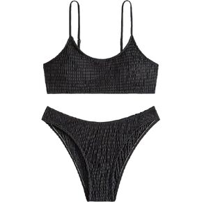 SweatyRocks Women's Floral Print 2 Piece Spaghetti Strap High Cut Bikini Set Smocked Bathing Suit