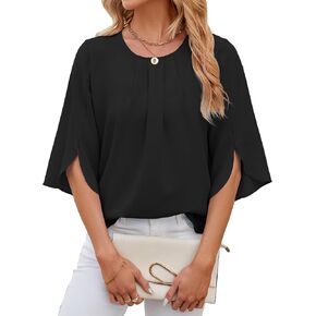 Mansy Womens Tops Dressy Casual Pleated Scoop Neck 3/4 Sleeve Summer Shirts Office Work Chiffon Blouses in Kuwait