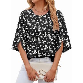 Mansy Womens Tops Dressy Casual Pleated Scoop Neck 3/4 Sleeve Summer Shirts Office Work Chiffon Blouses