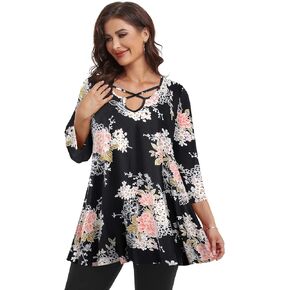 LARACE Plus Size Tops for Women V Neck 3/4 Sleeve Tunic Criss Cross Dress Shirts Casual Fall Blouse for Leggings
