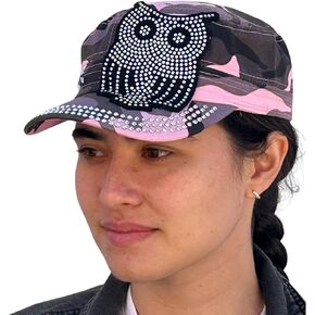 SILVERFEVER Women's Military Cadet Army Cap Hat Vintage Distressed or Rhinestone Crystals on Brim