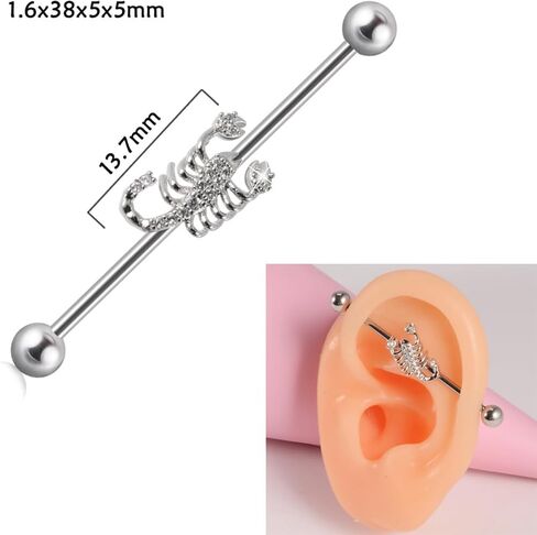 Godtemrow 14G Stainless Steel Industrial Piercing Jewelry Scorpion Clear CZ Industrial Barbell Earrings Bar for Women Mens Cartilage Body Retainer in Saudi Arabia