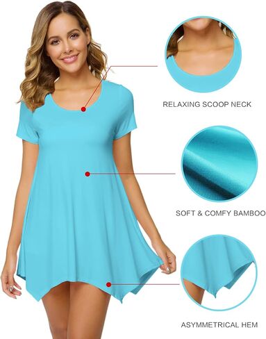 WiWi قمصان النوم الناعمة للنساء فسكوزي من الخيزران قميص الليل تونك القمم قمصان النوم قصيرة الأكمام طماق S-4X in Kuwait