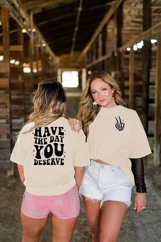 ASTANFY Oversized Tshirts for Women: Have The Day You Deserve Shirt Funny Skeleton Shirts Casual Oversized Graphic Tees Tops in Saudi Arabia