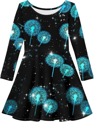Girls Casual Long Sleeve T Shirt Dress Twirly Swing Graphic Print Novelty A Line Dress in Kuwait