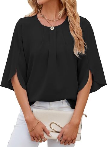 Mansy Womens Tops Dressy Casual Pleated Scoop Neck 3/4 Sleeve Summer Shirts Office Work Chiffon Blouses in Kuwait