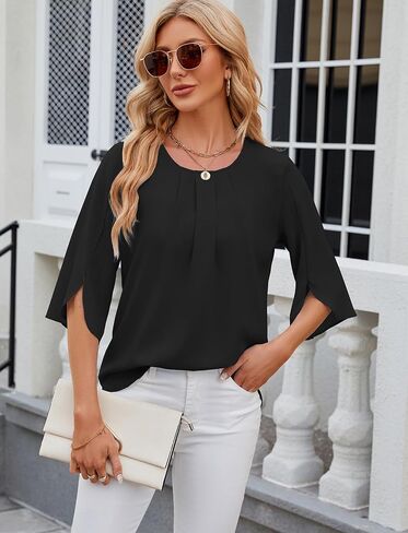 Mansy Womens Tops Dressy Casual Pleated Scoop Neck 3/4 Sleeve Summer Shirts Office Work Chiffon Blouses in Kuwait