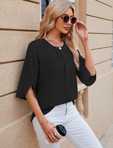 Mansy Womens Tops Dressy Casual Pleated Scoop Neck 3/4 Sleeve Summer Shirts Office Work Chiffon Blouses in Kuwait