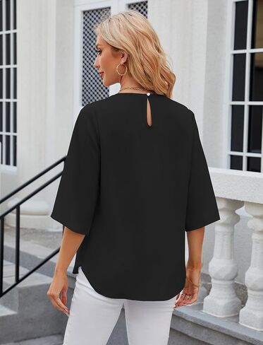 Mansy Womens Tops Dressy Casual Pleated Scoop Neck 3/4 Sleeve Summer Shirts Office Work Chiffon Blouses in Kuwait