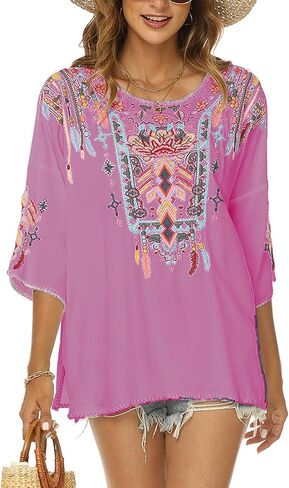 Higustar Mexican Embroidered Tops for Women Bohemian 3/4 Sleeve Shirt Boho Floral Peasant Tunic Blouse in Saudi Arabia
