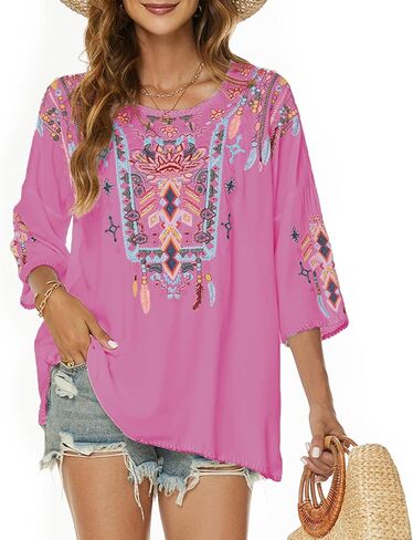 Higustar Mexican Embroidered Tops for Women Bohemian 3/4 Sleeve Shirt Boho Floral Peasant Tunic Blouse in Saudi Arabia