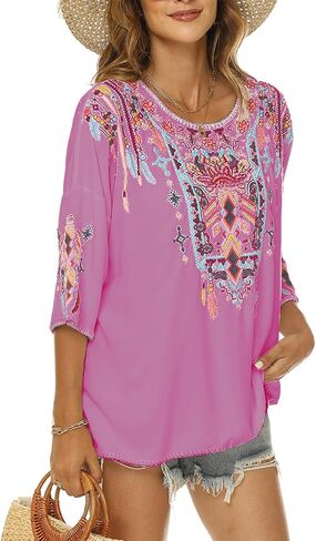 Higustar Mexican Embroidered Tops for Women Bohemian 3/4 Sleeve Shirt Boho Floral Peasant Tunic Blouse in Saudi Arabia
