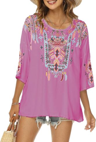 Higustar Mexican Embroidered Tops for Women Bohemian 3/4 Sleeve Shirt Boho Floral Peasant Tunic Blouse in Saudi Arabia