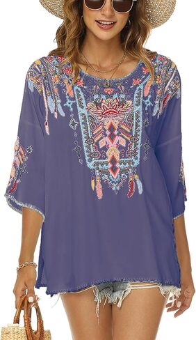 Higustar Mexican Embroidered Tops for Women Bohemian 3/4 Sleeve Shirt Boho Floral Peasant Tunic Blouse in Saudi Arabia