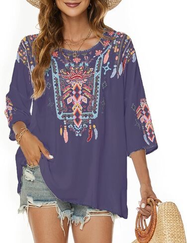 Higustar Mexican Embroidered Tops for Women Bohemian 3/4 Sleeve Shirt Boho Floral Peasant Tunic Blouse in Saudi Arabia