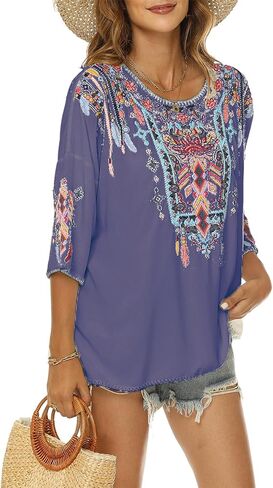 Higustar Mexican Embroidered Tops for Women Bohemian 3/4 Sleeve Shirt Boho Floral Peasant Tunic Blouse in Saudi Arabia