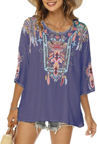 Higustar Mexican Embroidered Tops for Women Bohemian 3/4 Sleeve Shirt Boho Floral Peasant Tunic Blouse in Saudi Arabia