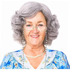 REEWES Grey Old Lady Wig for Women Costume Short Curly Silver Granny Womens Wig Gray 100th Day of School Grandma Wigs and Glasses, Necklace,Earrings,Bracelets Set in Kuwait