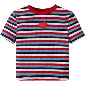 OYOANGLE Girl's Striped Heart Graphic Print Rib Knit Short Sleeve Round Neck Tee Tops Summer Casual Tee Shirts in Saudi Arabia