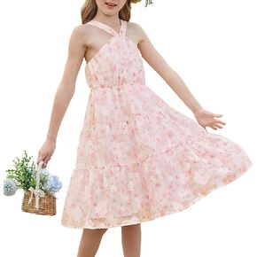 GRACE KARIN Girls Halter Dress Sleeveless Floral Swiss Dots Casual Spring Summer Midi Dress 5-14Y
