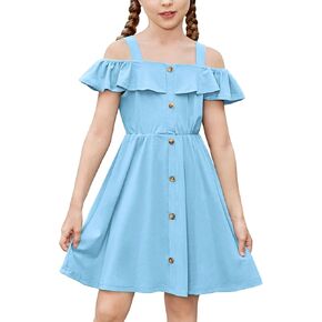 Arshiner Girls Dresses Summer Spaghetti Strap Cold Shoulder Ruffle Button Down A Line Dresses