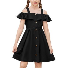Arshiner Girls Dresses Summer Spaghetti Strap Cold Shoulder Ruffle Button Down A Line Dresses