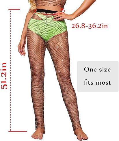 Fstrend سروال شبكي كريستالي لامع من شبكة صيد السمك، حجر الراين الأسود شفاف من خلال الجزء السفلي ذو فتحة بيكيني للنوادي الليلية وحفلات الهذيان ومهرجانات إكسسوارات الجسم للنساء والفتيات (110 سم/43.3 بوصة، أخضر) in Kuwait