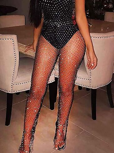 Fstrend سروال شبكي كريستالي لامع من شبكة صيد السمك، حجر الراين الأسود شفاف من خلال الجزء السفلي ذو فتحة بيكيني للنوادي الليلية وحفلات الهذيان ومهرجانات إكسسوارات الجسم للنساء والفتيات (110 سم/43.3 بوصة، أخضر) in Kuwait