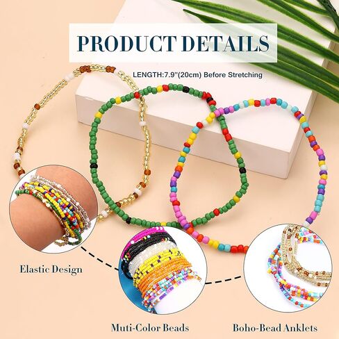 Subiceto 36Pcs Beaded Anklets for Women Teens Handmade African Elastic Beaded Anklet Multicolor Boho Layered Beads Ankle Bracelets Set Adjustable Colorful Stretch Summer Foot Jewelry, Plastic, no in Kuwait