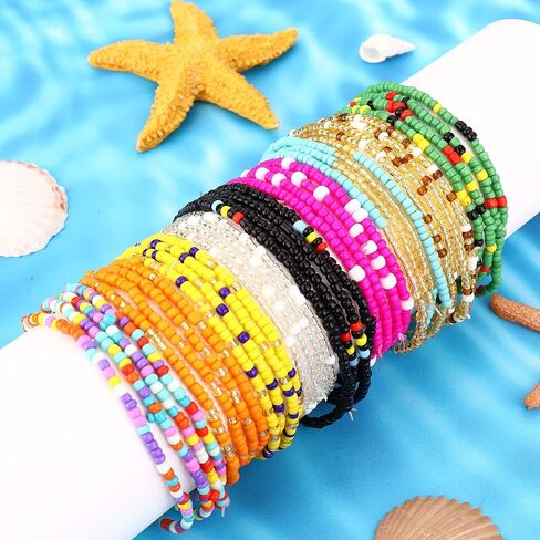 Subiceto 36Pcs Beaded Anklets for Women Teens Handmade African Elastic Beaded Anklet Multicolor Boho Layered Beads Ankle Bracelets Set Adjustable Colorful Stretch Summer Foot Jewelry, Plastic, no in Kuwait