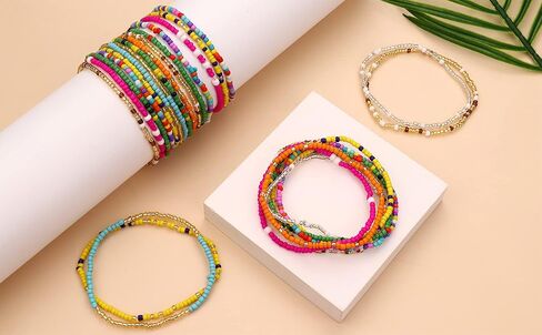 Subiceto 36Pcs Beaded Anklets for Women Teens Handmade African Elastic Beaded Anklet Multicolor Boho Layered Beads Ankle Bracelets Set Adjustable Colorful Stretch Summer Foot Jewelry, Plastic, no in Kuwait