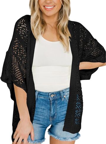 Coololi Women's Crochet Open Front Cardigan 3/4 Bell Sleeve Soft Oversized Knitted Sweater Outerwear Cover Up Coat in Saudi Arabia