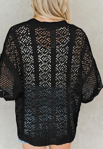 Coololi Women's Crochet Open Front Cardigan 3/4 Bell Sleeve Soft Oversized Knitted Sweater Outerwear Cover Up Coat in Saudi Arabia