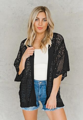 Coololi Women's Crochet Open Front Cardigan 3/4 Bell Sleeve Soft Oversized Knitted Sweater Outerwear Cover Up Coat in Saudi Arabia