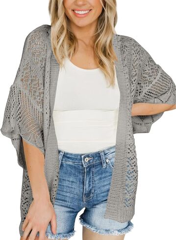 Coololi Women's Crochet Open Front Cardigan 3/4 Bell Sleeve Soft Oversized Knitted Sweater Outerwear Cover Up Coat in Saudi Arabia