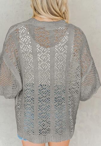 Coololi Women's Crochet Open Front Cardigan 3/4 Bell Sleeve Soft Oversized Knitted Sweater Outerwear Cover Up Coat in Saudi Arabia