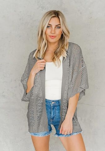 Coololi Women's Crochet Open Front Cardigan 3/4 Bell Sleeve Soft Oversized Knitted Sweater Outerwear Cover Up Coat in Saudi Arabia