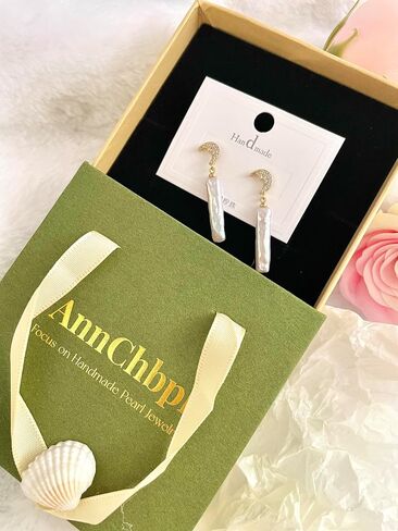 AnnChbpl أقراط اللؤلؤ الباروكي الصغيرة الفضية بار لؤلؤ المياه العذبة شريط طويل متدلي أقراط للنساء فتاة سيدة 14K مجوهرات مطلية بالذهب أقراط الزفاف هدية عيد ميلاد in Saudi Arabia
