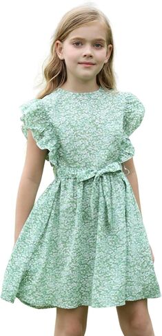 Verdusa Girl's Ditsy Floral Butterfly Sleeve Ruffle Belted Short A Line Dress in Kuwait