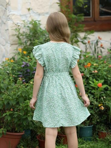 Verdusa Girl's Ditsy Floral Butterfly Sleeve Ruffle Belted Short A Line Dress in Kuwait