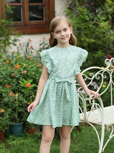 Verdusa Girl's Ditsy Floral Butterfly Sleeve Ruffle Belted Short A Line Dress in Kuwait
