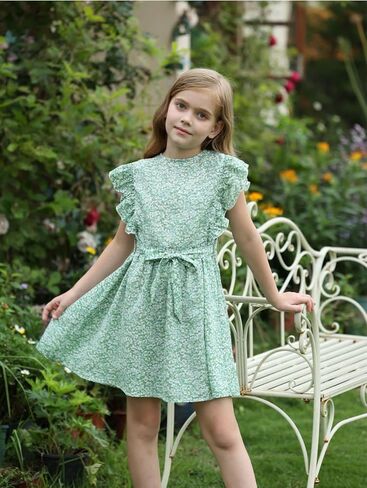 Verdusa Girl's Ditsy Floral Butterfly Sleeve Ruffle Belted Short A Line Dress in Kuwait