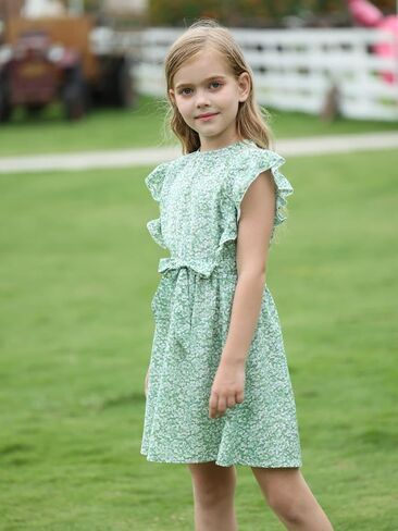 Verdusa Girl's Ditsy Floral Butterfly Sleeve Ruffle Belted Short A Line Dress in Kuwait