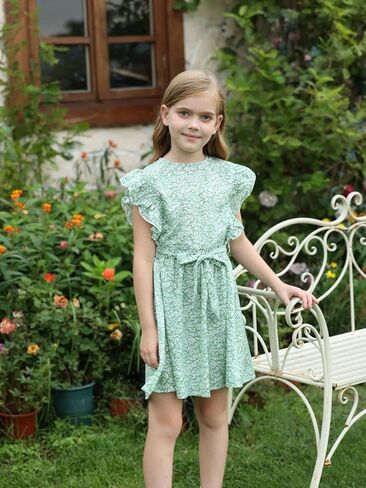 Verdusa Girl's Ditsy Floral Butterfly Sleeve Ruffle Belted Short A Line Dress in Kuwait