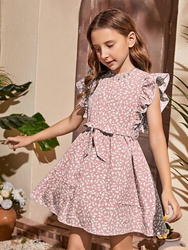 Verdusa Girl's Ditsy Floral Butterfly Sleeve Ruffle Belted Short A Line Dress in Kuwait